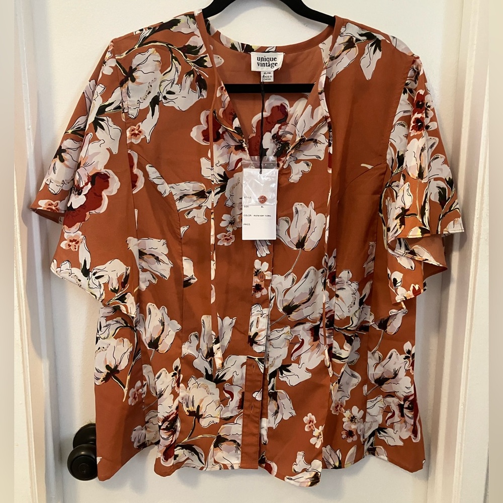 Unique Vintage Brown and White Buttoned Tie Front Blouse